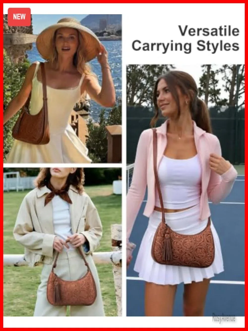 Vegan Leather Hobo Bag with Floral Embossed Trim, Adjustable Crossbody Purse